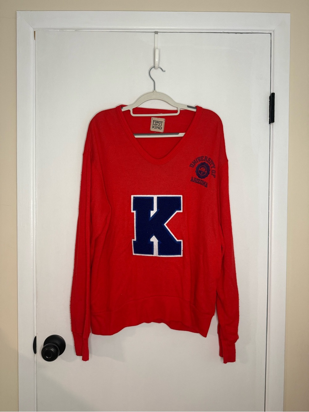 Furst Of A Kind Red V-Neck Uni. Of Arizona Sweater with Navy 'K' Applique